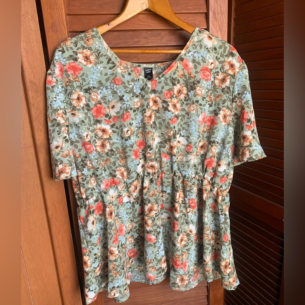 Green & Pink Floral Peplum Top